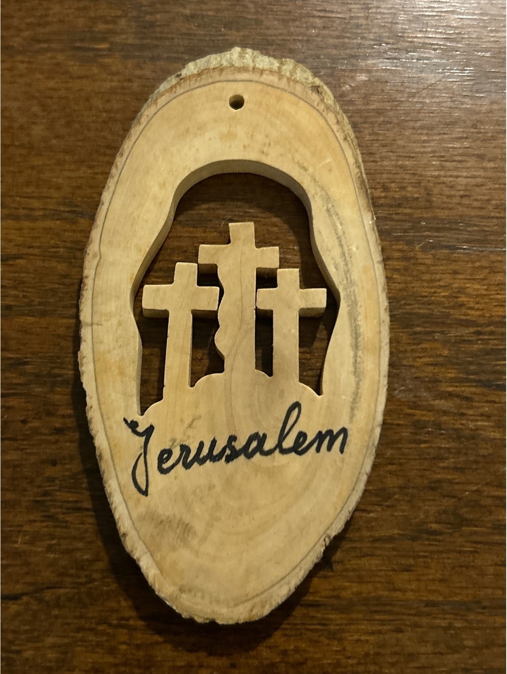 Jerusalem Wood Carved Ornament with Three Crosses